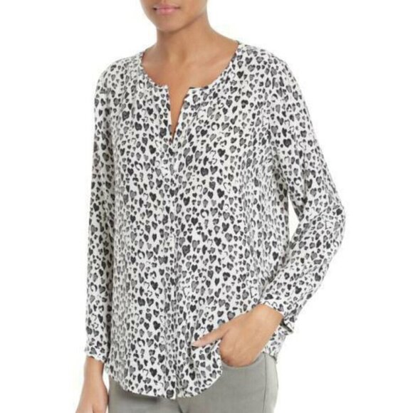 Joie Silk Blouse Womens Extra Small Black V Neck Long Sleeve White Purine Hearts - Picture 5 of 6